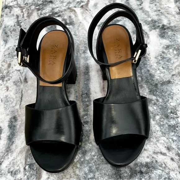 ZARA Anklestrap Wooden Clogs Black LEATHER SANDALS with Studs Size 38 - Picture 6 of 11